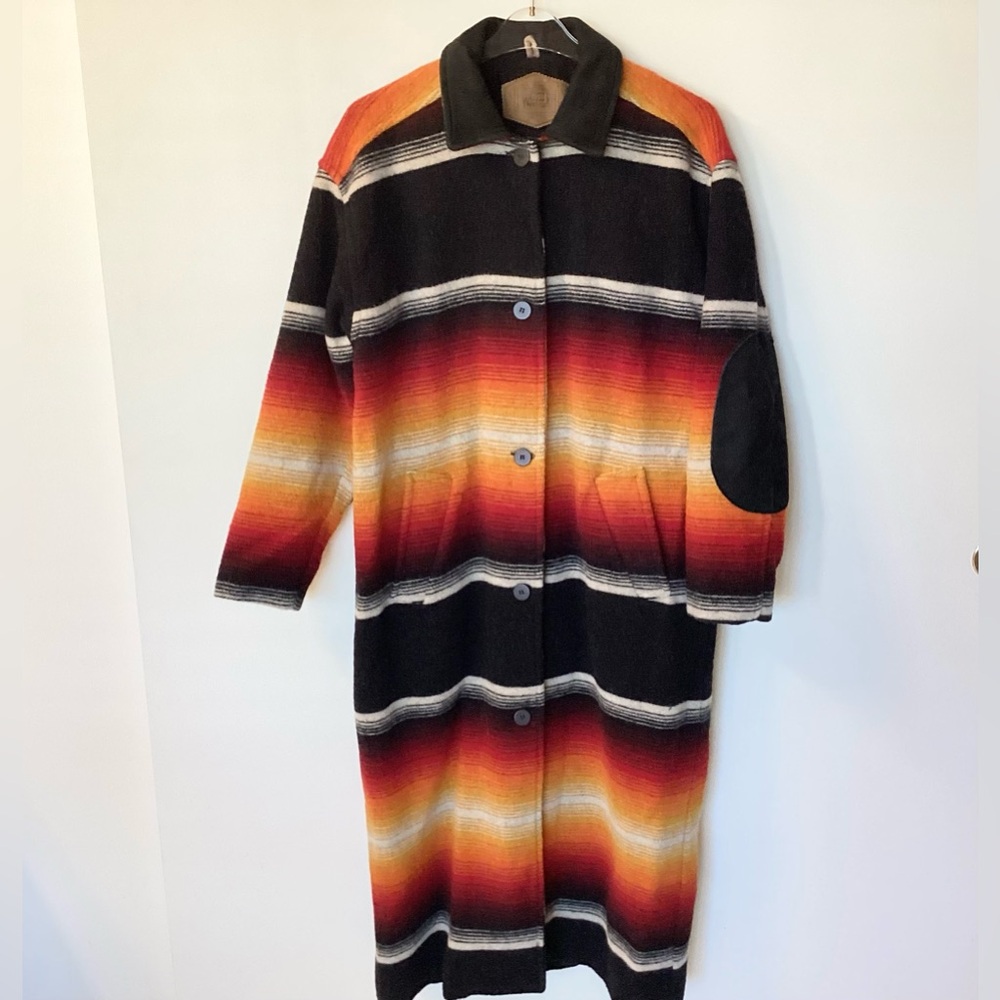 Vintage Woolrich Wool Navajo Southwest Striped Blanket Coat - Black/Orange - M